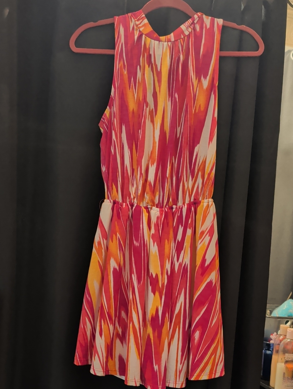 white birch Sleeveless Ikat-Print Mini Dress in Pink, Orange & White
